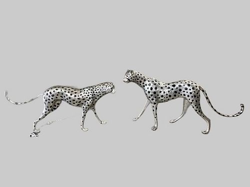 PAIR OF SILVERED BRONZE CHEETAH