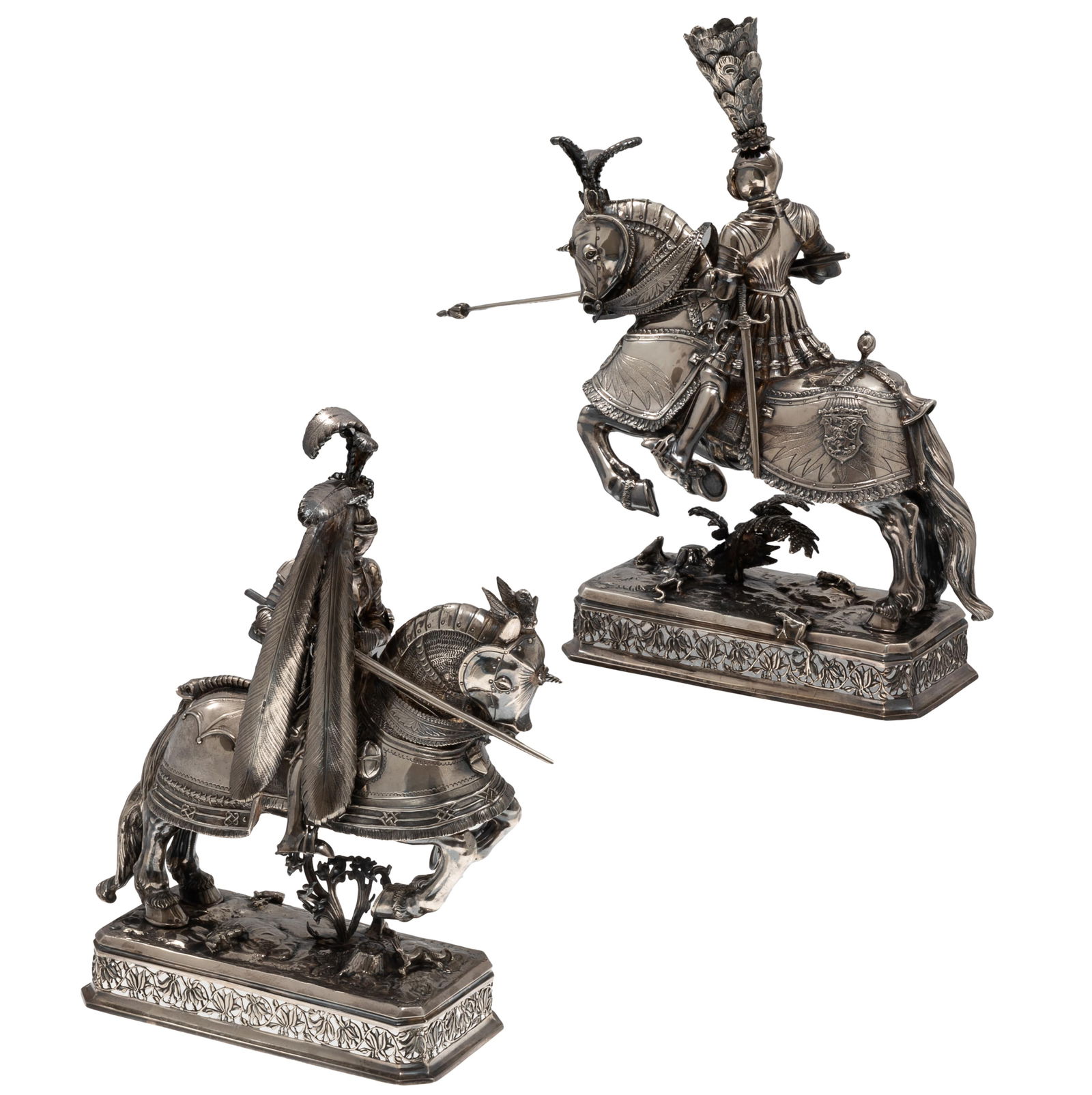 PAIR OF SILVERED BRONZE JOUSTING