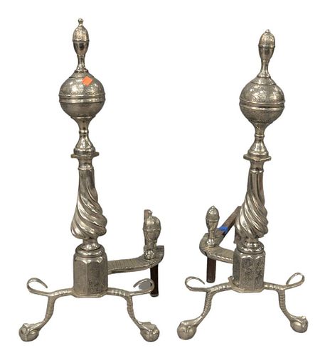 PAIR OF SILVERED TALL ANDIRONS,
