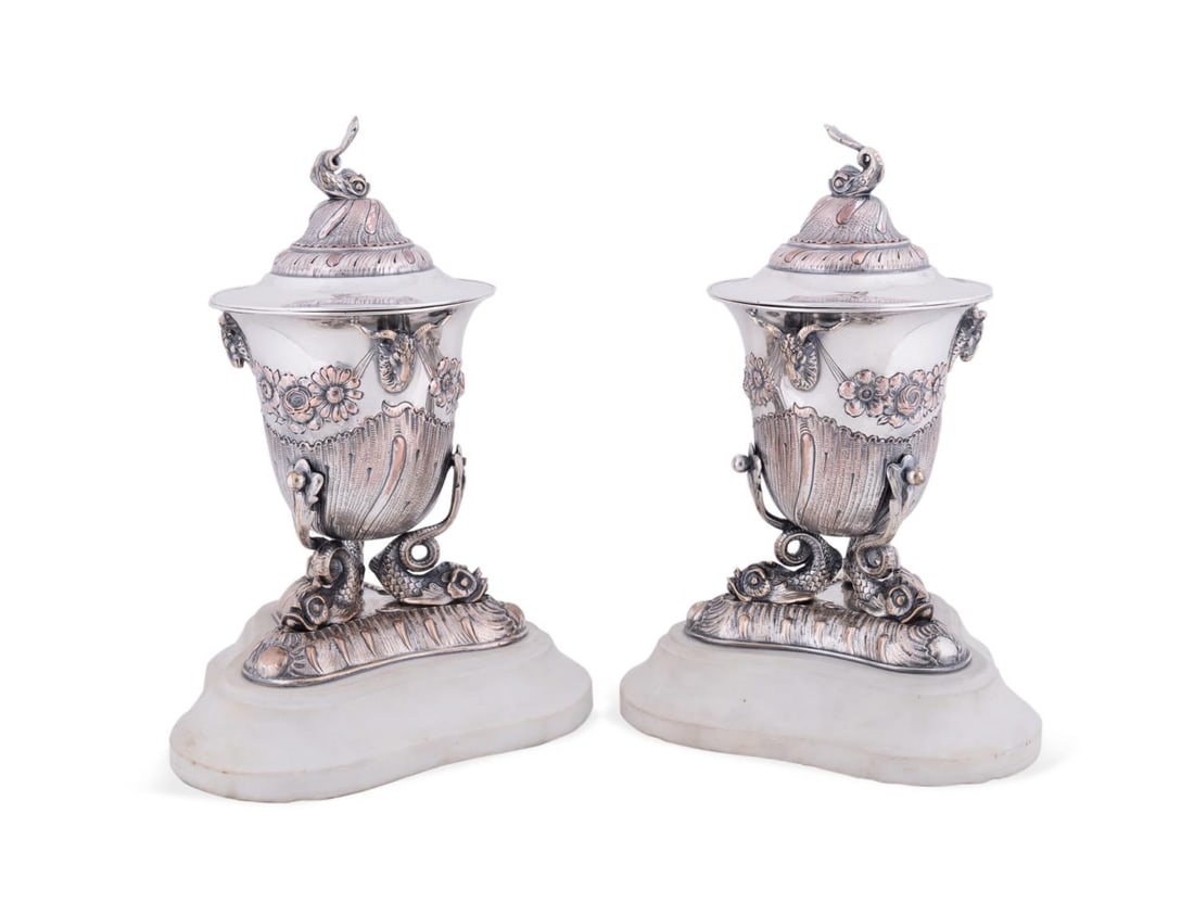 PAIR OF SILVERPLATE AND MARBLE