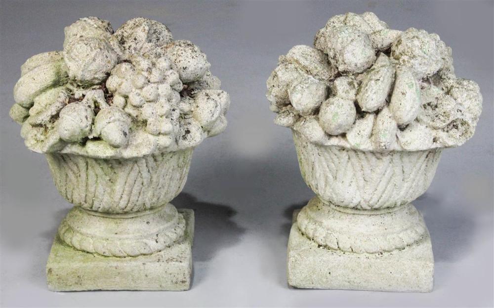 PAIR OF SMALL CONCRETE BASKETS WITH