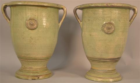 PAIR OF SMALL GREEN GLAZED TERRA