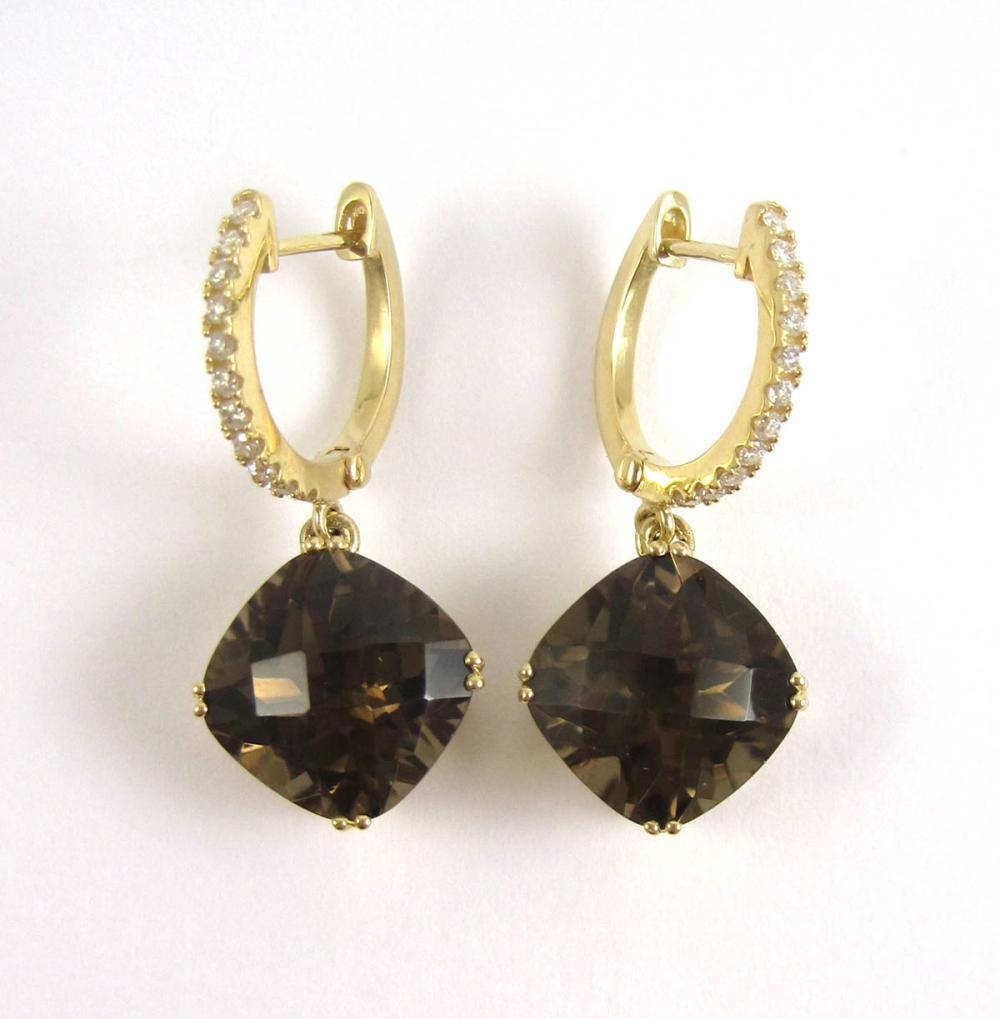 PAIR OF SMOKY QUARTZ AND DIAMOND