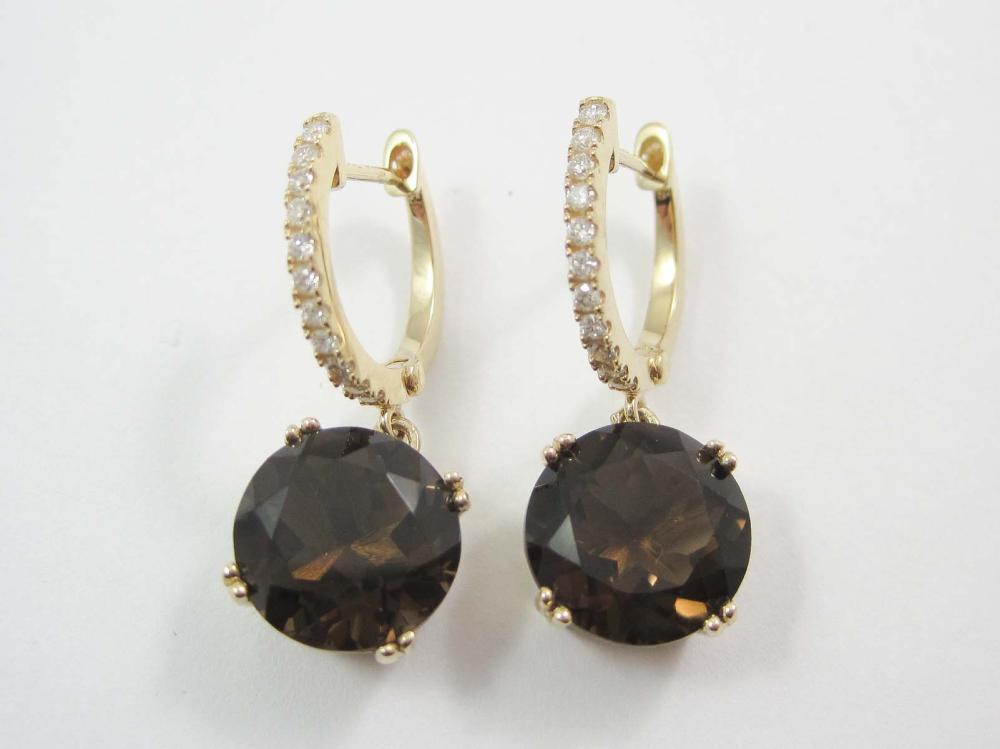 PAIR OF SMOKY QUARTZ AND DIAMOND