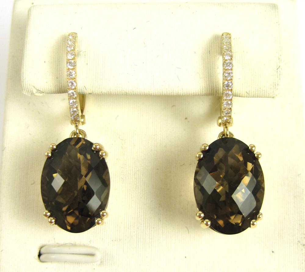 PAIR OF SMOKY QUARTZ AND DIAMOND