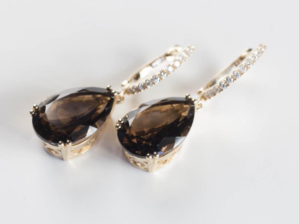 PAIR OF SMOKY QUARTZ AND DIAMOND