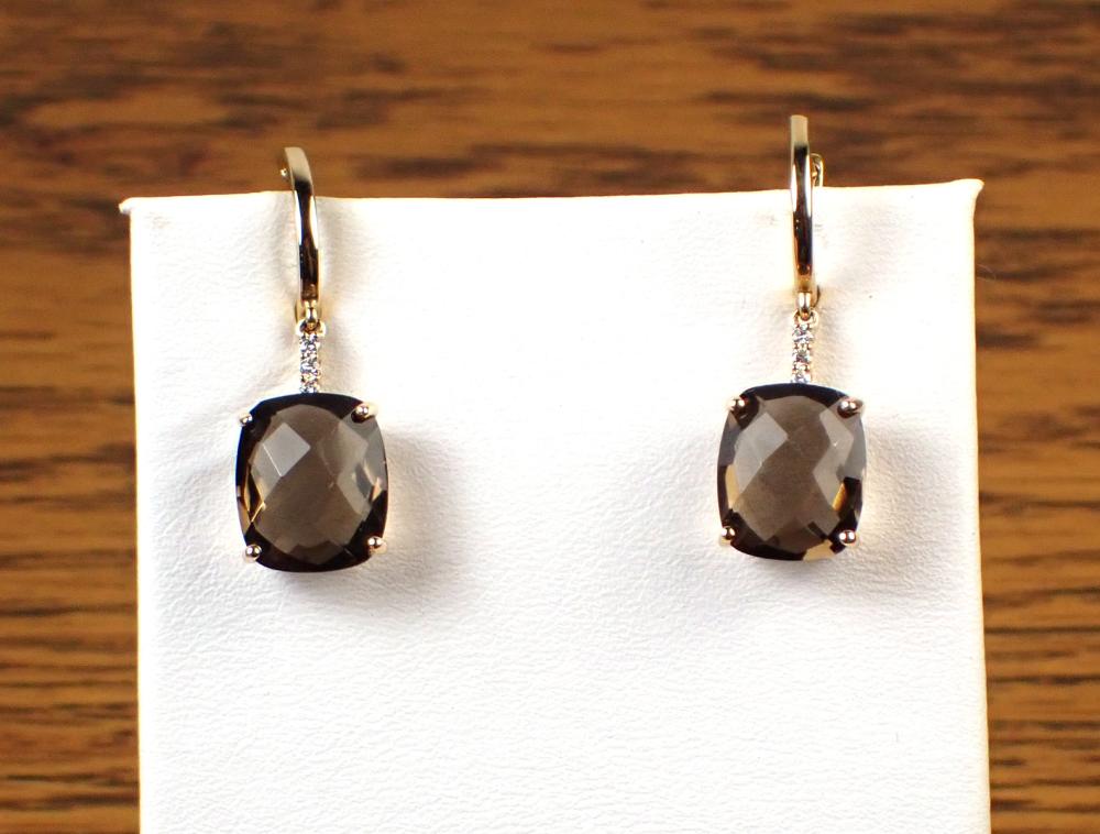 PAIR OF SMOKY QUARTZ AND DIAMOND