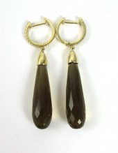 PAIR OF SMOKY TOPAZ AND DIAMON