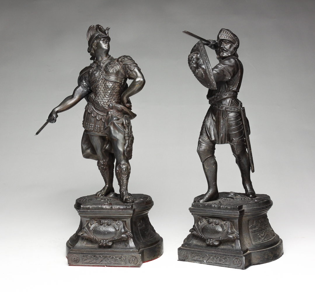 PAIR OF SPELTER WARRIOR STATUES.