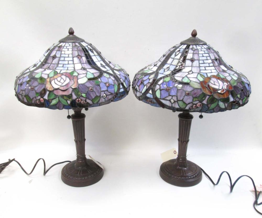 PAIR OF STAINED AND LEADED GLASS