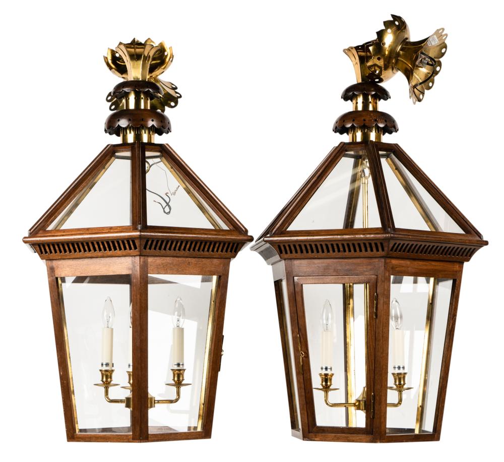 PAIR OF STAINED WOOD, BRASS AND