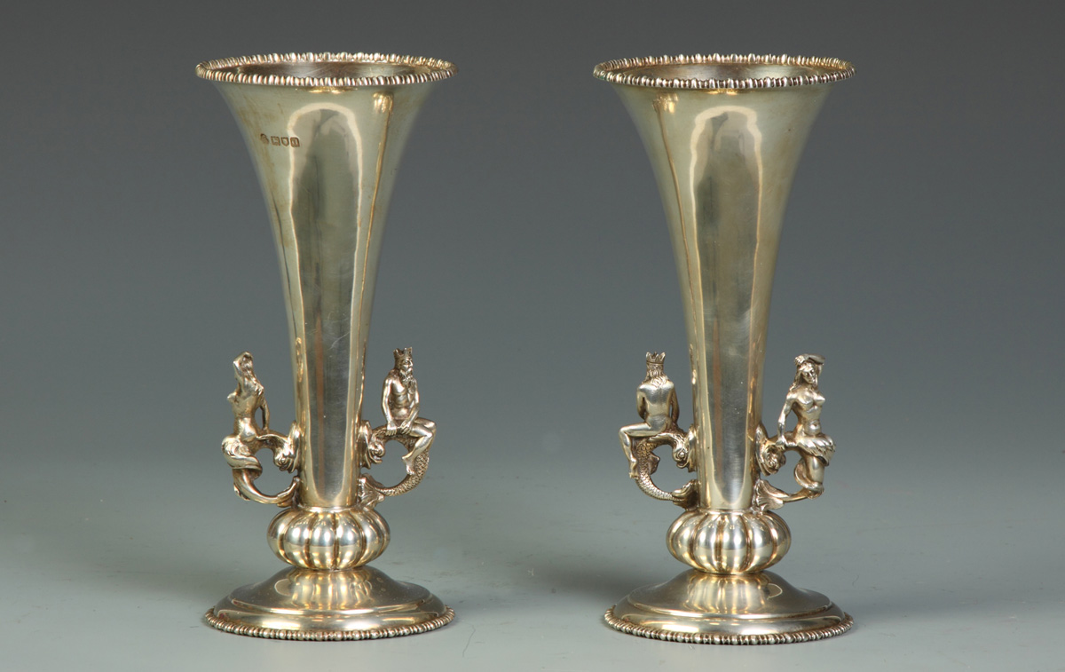 Pair of Sterling Vases w/Neptune