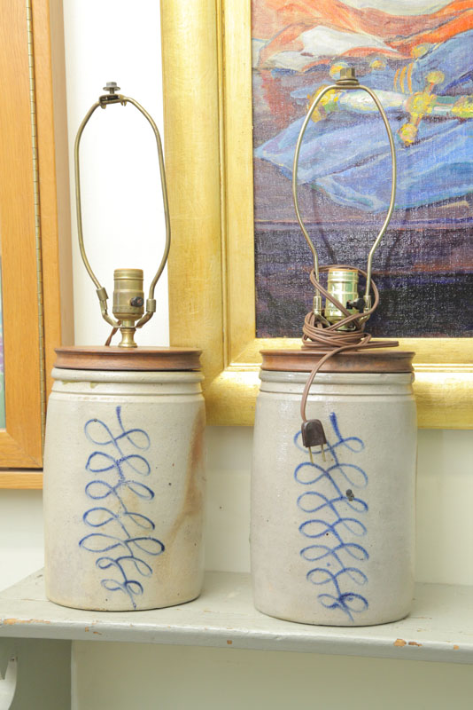 PAIR OF STONEWARE CROCK LAMPS.