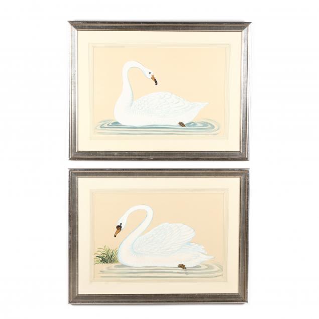 PAIR OF SWAN PAINTINGS ON SILK,