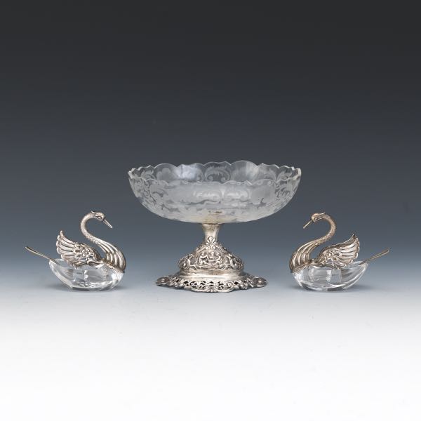 PAIR OF SWAN SALT CELLARS AND TAZZA