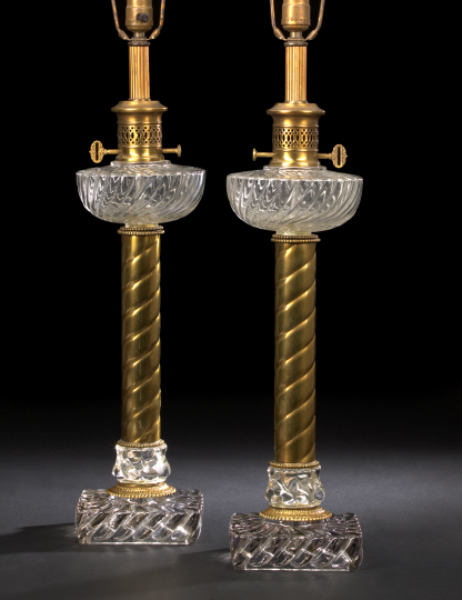 Pair of Swirl Glass and Brass Table