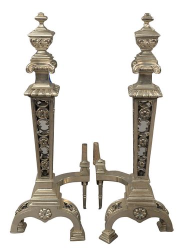 PAIR OF TALL SILVERED ANDIRONS,