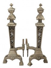 PAIR OF TALL SILVERED ANDIRONS