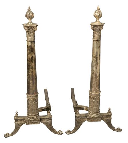 PAIR OF TALL SILVERED ANDIRONS,
