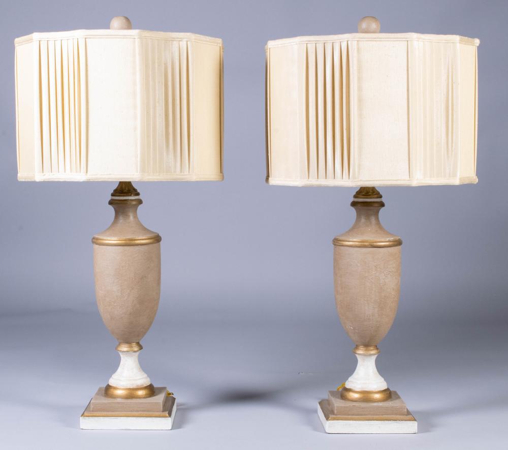 PAIR OF TAUPE, CREAM AND GILT TABLE