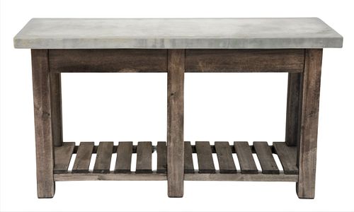 PAIR OF TEAK & STONE TOP OUTDOOR