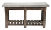 PAIR OF TEAK & STONE TOP OUTDO
