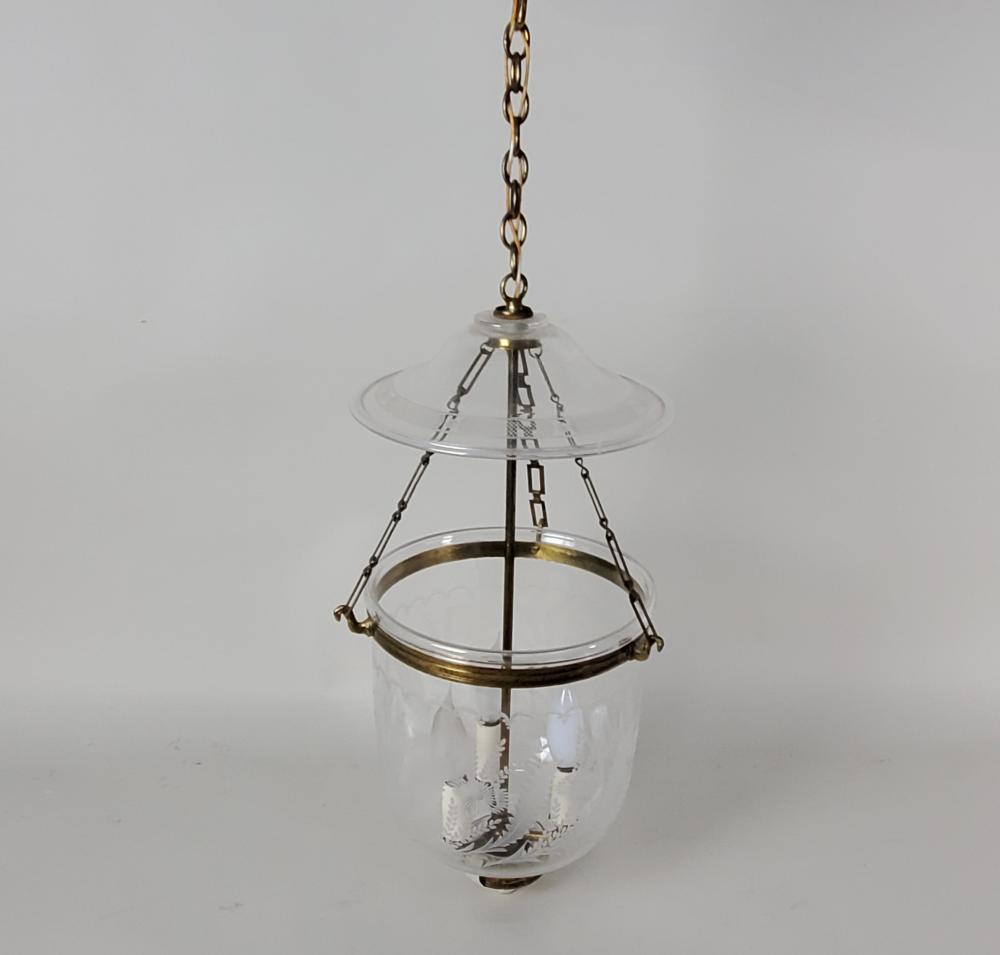 PAIR OF THREE LIGHT GLASS AND BRASS