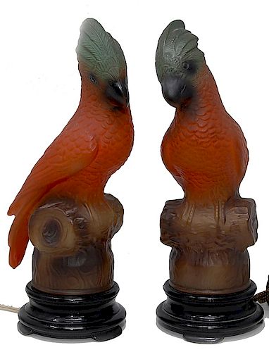 PAIR OF TIFFIN ART GLASS PARROT