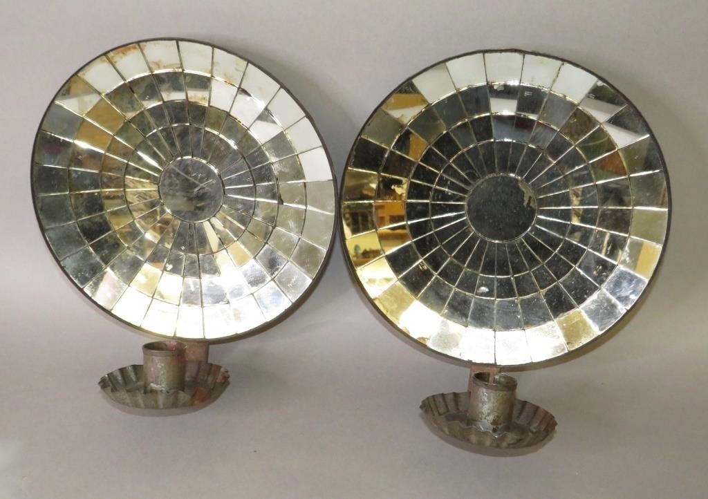 PAIR OF TIN MIRROR BACKED WALL