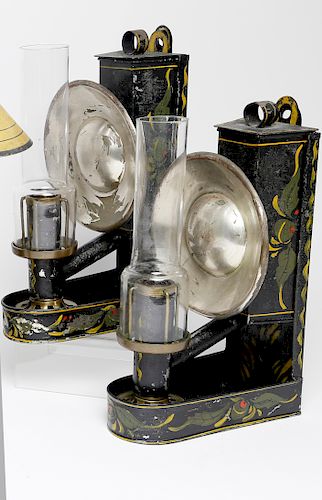 PAIR OF TOLE DECORATED ARGAND