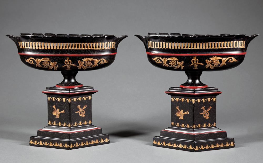 PAIR OF TOLE PEINTE URNS ON