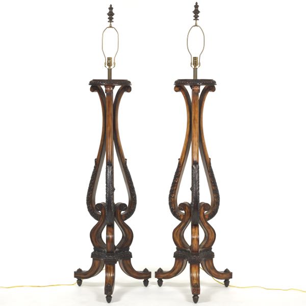 PAIR OF TORCHIERES WITH SILK SHADES