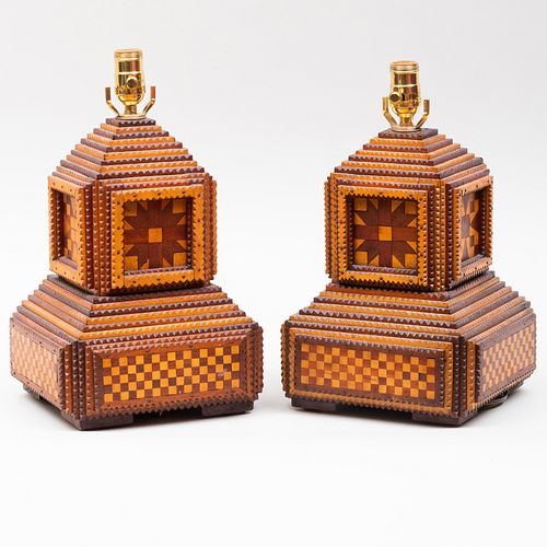 PAIR OF TRAMP ART WOOD LAMPS22 x