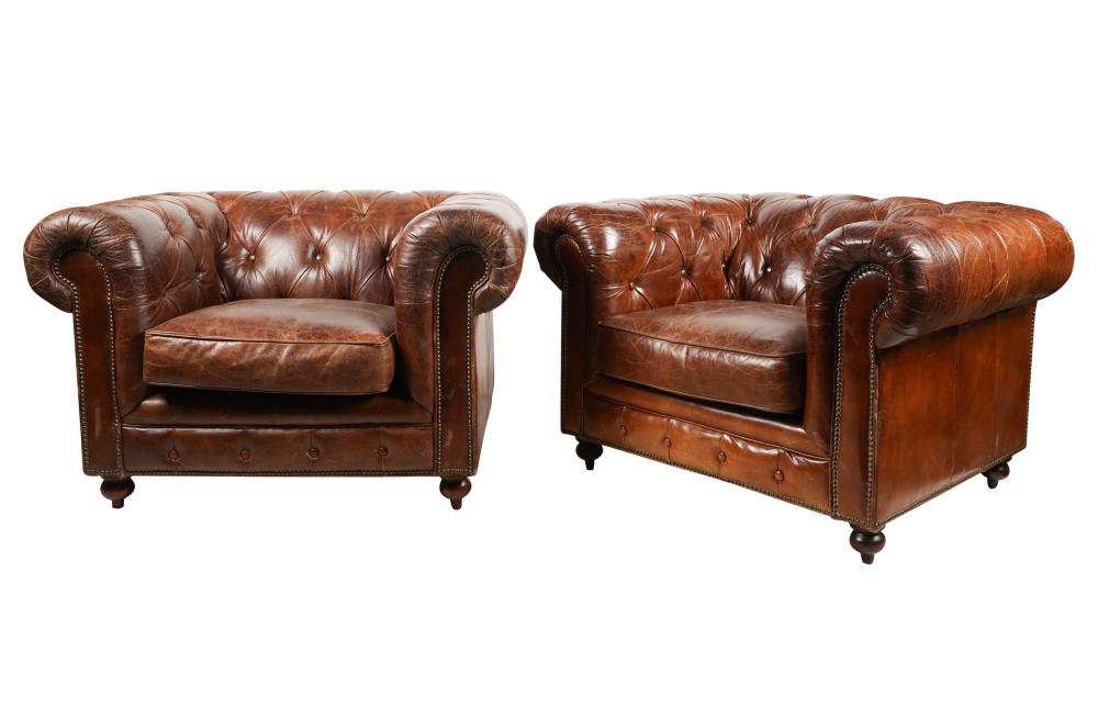 PAIR OF TUFTED BROWN LEATHER
