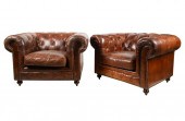 PAIR OF TUFTED BROWN LEATHER C