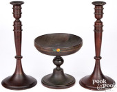 PAIR OF TURNED YEWWOOD CANDLES