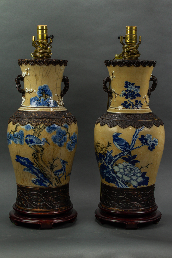 PAIR OF UNDERGLAZE BLUE AND CRACKLE