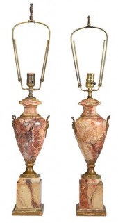 PAIR OF VARIEGATED MARBLE URN