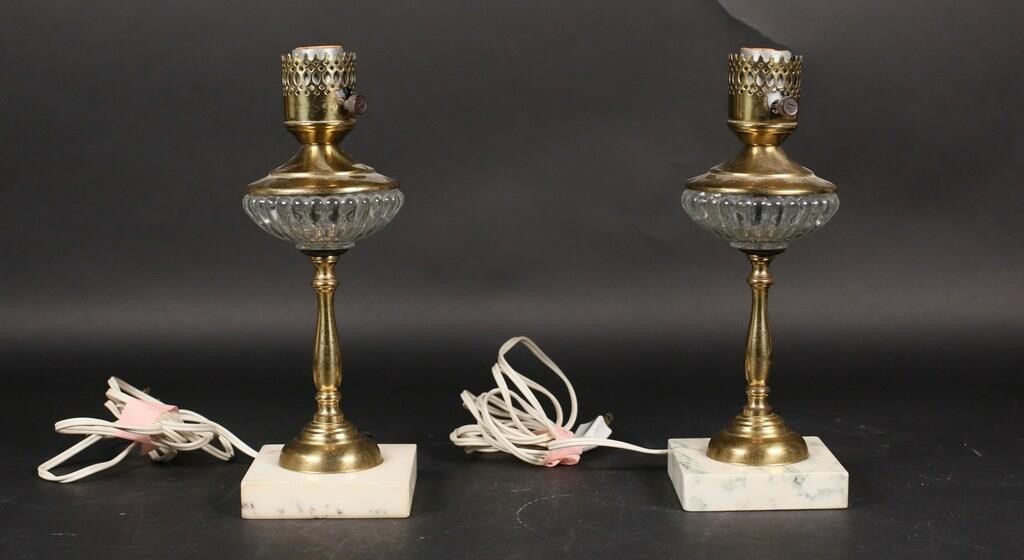 PAIR OF VICTORIAN BRASS AND GLASS