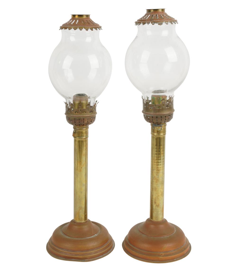 PAIR OF VICTORIAN BRASS AND GLASS