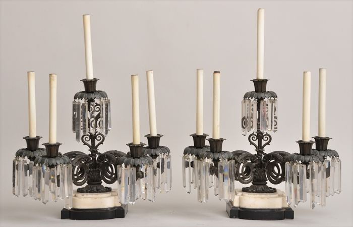 PAIR OF VICTORIAN GLASS-HUNG BRONZE