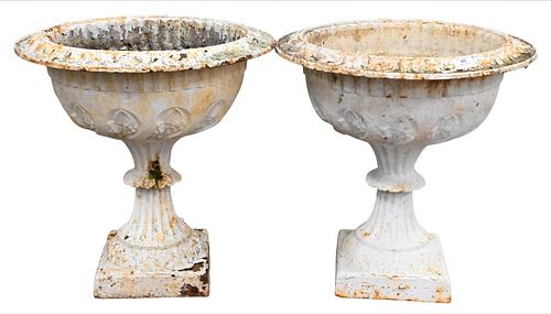 PAIR OF VICTORIAN IRON URNS, (ONE