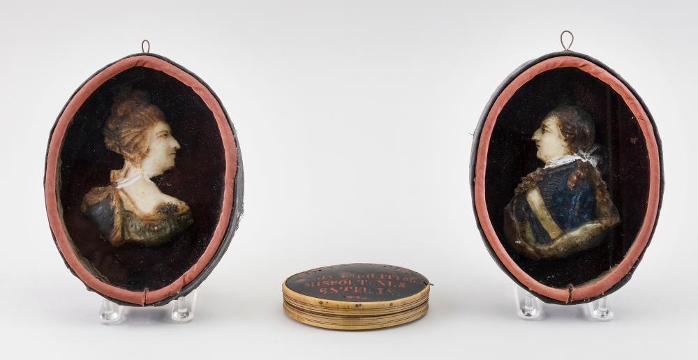 PAIR OF WAX BUST PORTRAITS AND A