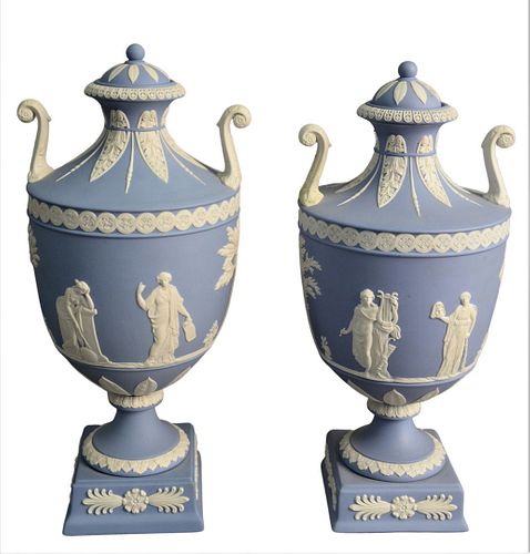 PAIR OF WEDGWOOD JASPERWARE URNS