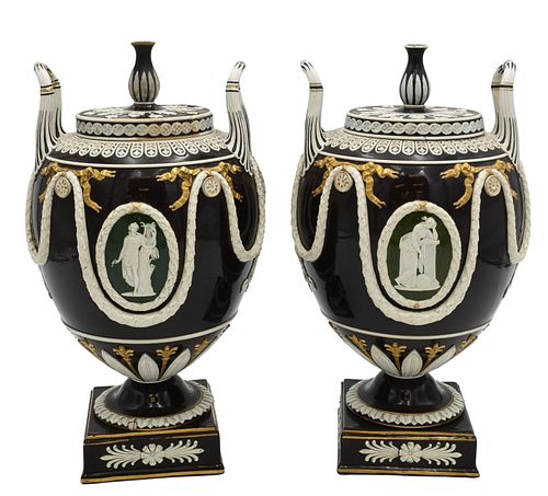 PAIR OF WEDGWOOD VICTORIA WARE URNS