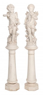 PAIR OF WHITE MARBLE WINGED CH