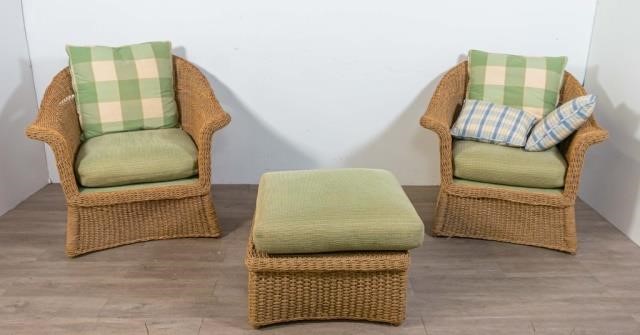 PAIR OF WICKER LOUNGE CHAIRS AND