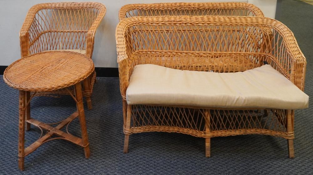 PAIR OF WICKER SETTEES, AN ARMCHAIR