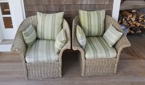 PAIR OF WICKER WOVEN ARMCHAIRS WITH