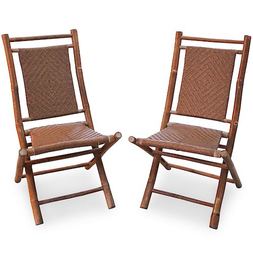 PAIR OF WOOD AND WICKER FOLDING